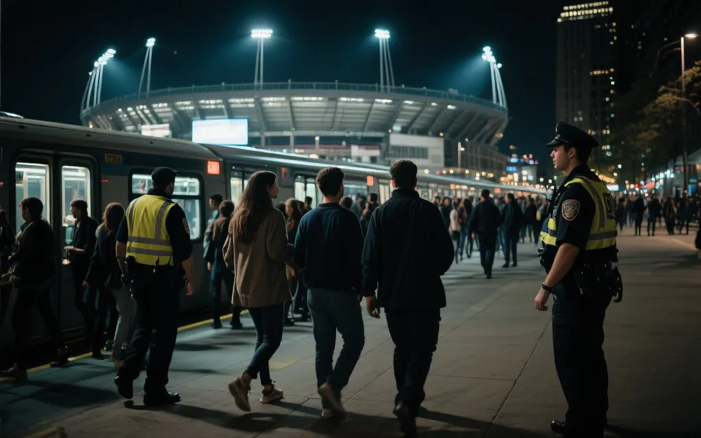球场外散场人流与夜色城市,球迷安全回程的动线感