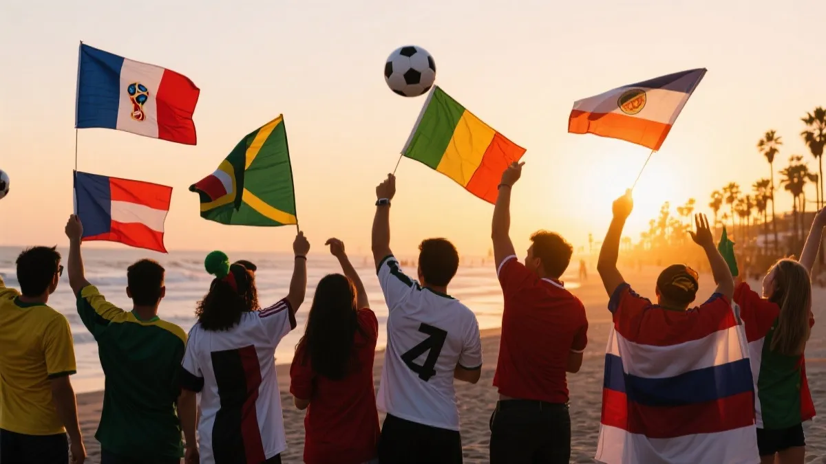 洛杉矶海滩与球迷庆祝世界杯进球的场景