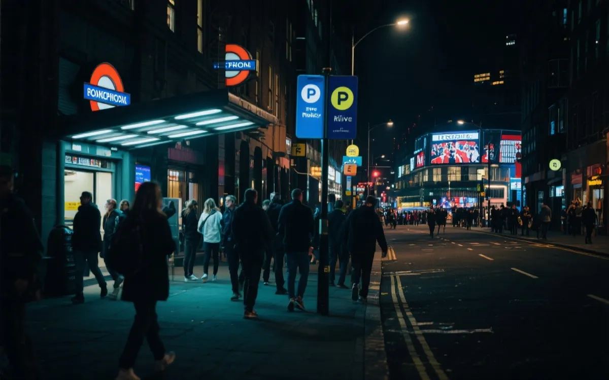 深夜城市街头，地铁口与网约车上车点指示牌，球迷散场回家的画面